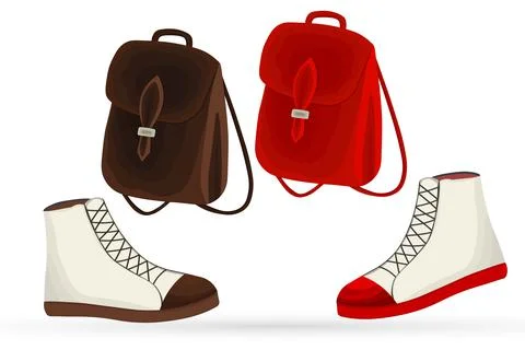 Backpack and boots in a flat style. Set with leather bags and shoes. Autumn イラスト素材