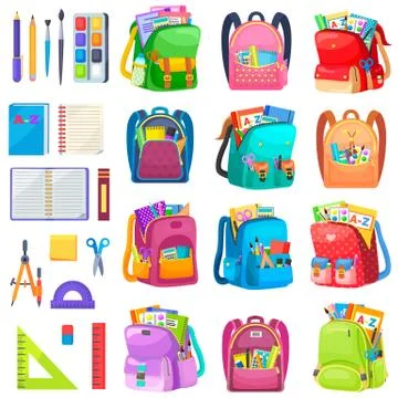 Backpack and Chancery Sticker, School Sign Vector Stock Illustration