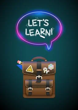 Backpack and Lets Learn Lettering with Neon Stock Illustration