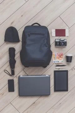 Backpack and a set of all the necessary attributes for a short trip to Europe or Stock Photos
