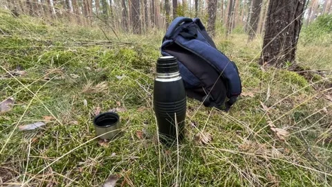 Backpack and thermos on mossy forest ground Stock Footage 343305400