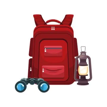 Backpack with binoulars and lantern icon, flat design 스톡 일러스트