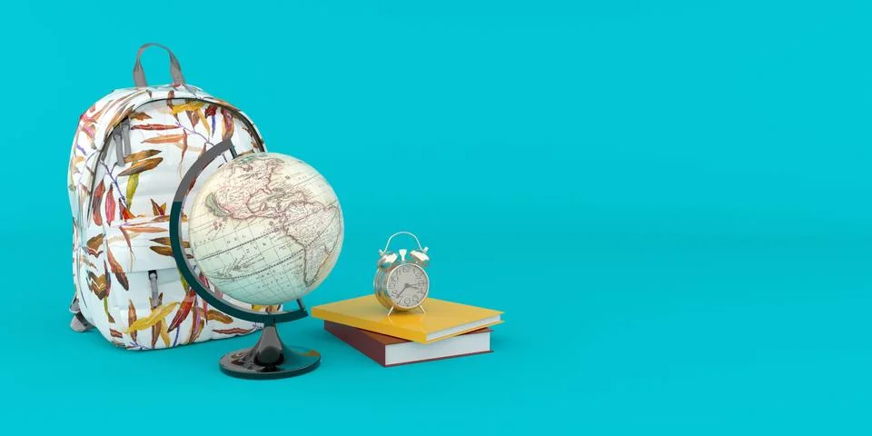 Backpack in blue background with books Back to school 3d render Stock Illustration