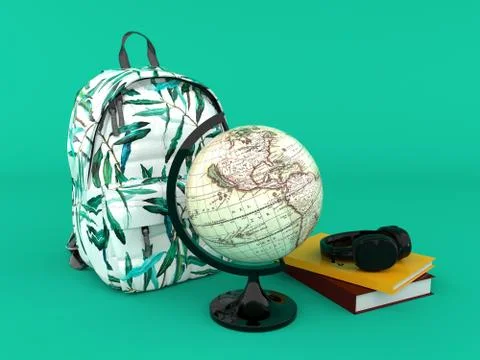 Backpack with books and world globe 3d render Stock Illustration