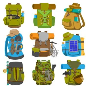 Backpack camp vector backpacking travel bag with tourist equipment in hiking Stock Illustration