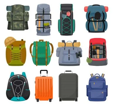 Backpack camp vector backpacking travel bag with tourist equipment in hiking Stock Illustration