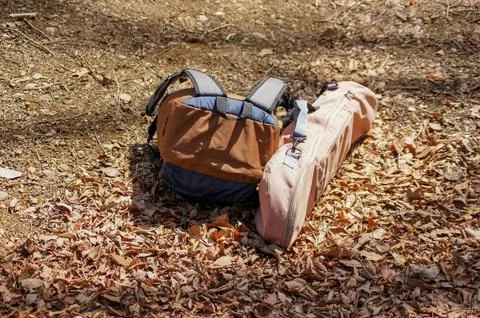 A backpack is depicted lying on bright yellow grass. Stock Photos