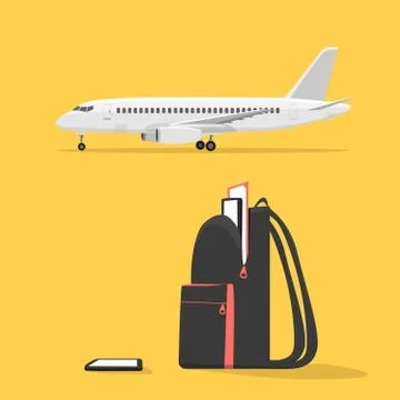 Backpack with electronics on the background of aircraft Illustrazione stock