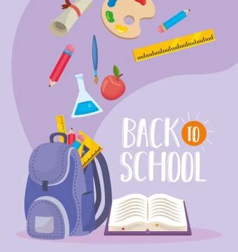 Backpack with erlenmeyer flask and book with pencils Stock Illustration