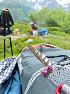 Backpack with Feather and Flowers Stock Photos