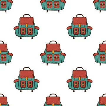 Backpack flat seamless pattern. Rucksack symbols wallpaper. Camping elements 库存插图