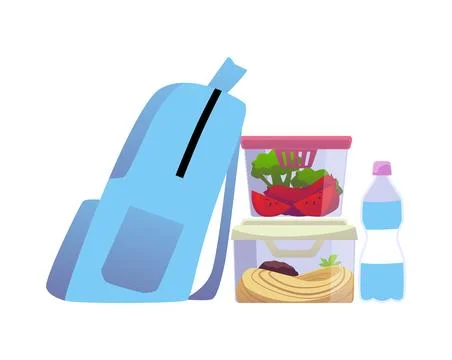 Backpack with food lunch boxes and bottle flat vector illustration isolated. イラスト素材