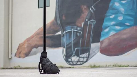 Backpack in front of huge mural 写真素材