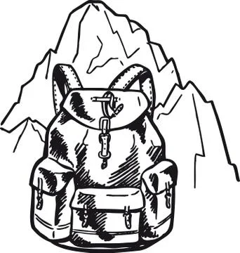 Backpack in front of a mountain, Retro Vector Illustration Stock Illustration