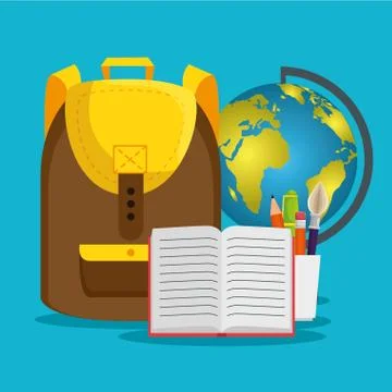 Backpack with global map and notebook with pencils 库存插图