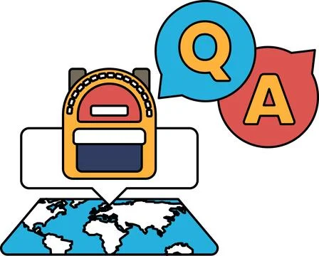 A backpack with a globe on it and a question mark and an A on it Illustrazione stock
