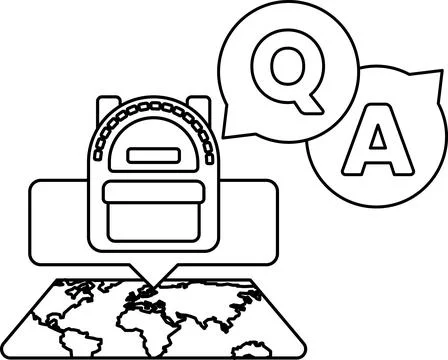A backpack with a globe on it and a question mark and an A on it Stock Illustration