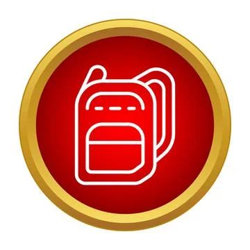 Backpack icon in white outline on a red circle with golden border Stock Illustration