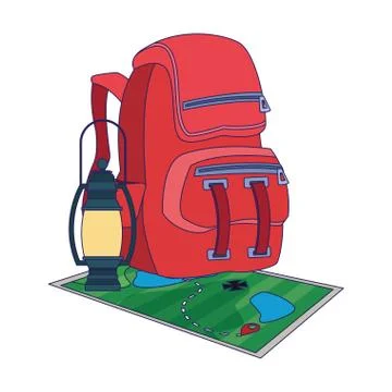 Backpack with map and camping lantern, flat design イラスト素材