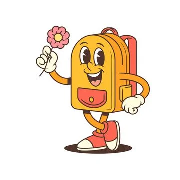 Backpack Mascot Holding Flower with Soft Smile in Gentle Friendly Pose Vect.. Stock Illustration