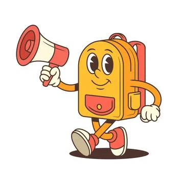 Backpack Mascot Shouting Through Megaphone with Confident Smile in Cartoon .. Stock Illustration