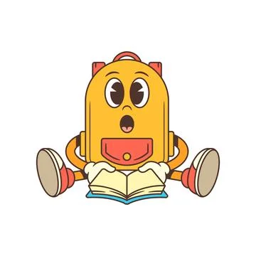Backpack mascot sitting on the ground with an open book and surprised eyes, e Stock Illustration