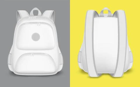 Backpack mockup set, vector isolated illustration. Realistic white school bag Stock Illustration