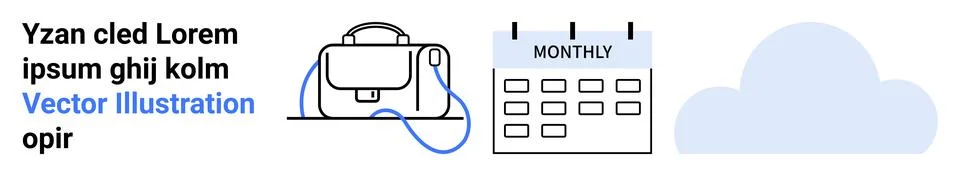 Backpack, Monthly Calendar, Blue Cloud, and Lorem Ipsum Black Text Illustrazione stock