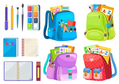 Backpack with Notebook and Pen, School Vector Stock Illustration