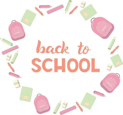 Backpack, notebook, pen, pencil, ruler, eraser, back to school sign. Vector Stock Illustration