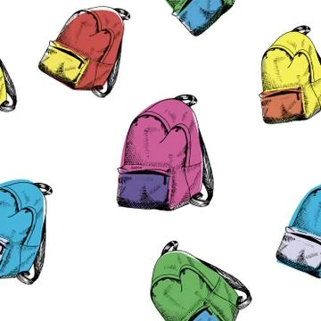 Backpack pattern. Hand drawn colored backpacks, multicolor seamless backgroun Stock Illustration