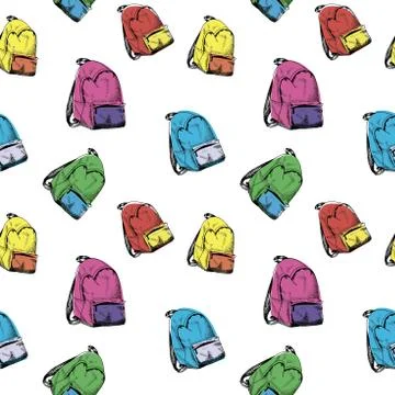 Backpack pattern. Hand drawn colored backpacks, multicolor seamless backgroun Stock Illustration