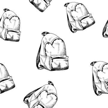 Backpack pattern. Hand drawn rucksack, sketch style seamless background Stock Illustration