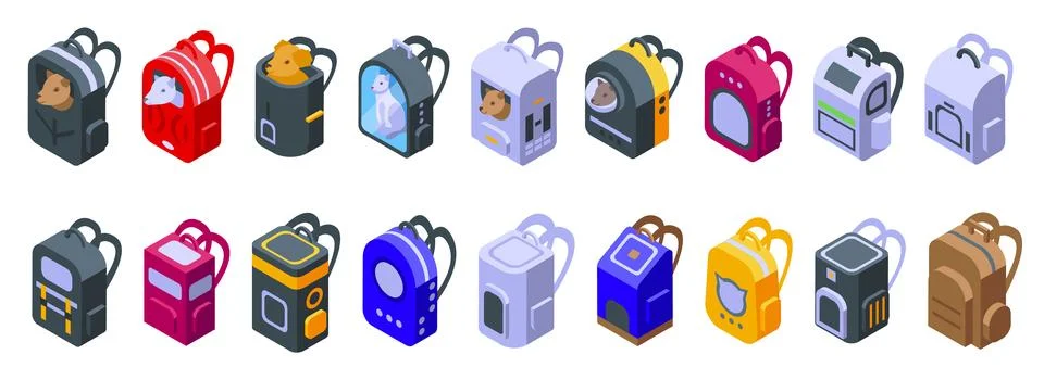 Backpack pet icons set isometric vector. Travel carrier bag Illustrazione stock