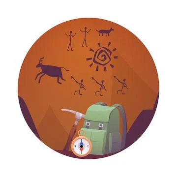 Backpack, pick tool and compass gear against the background of ancient rock p Illustrazione stock