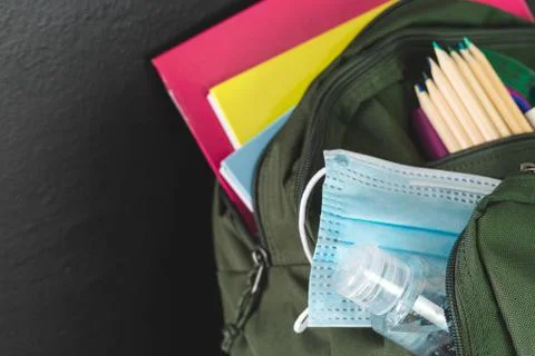 Backpack ready for the return to school. Covid-19 concept. Copy space. Stock Photos