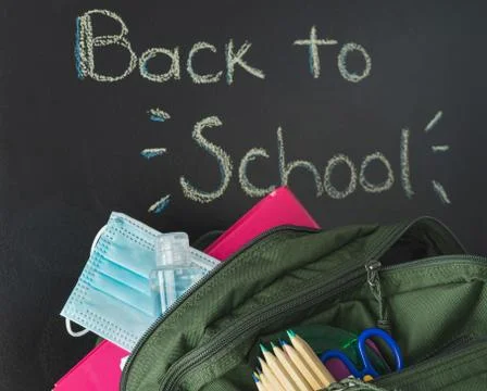 Backpack ready for the return to school. Covid-19 concept. Stock Photos
