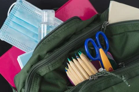 Backpack ready for the return to school. Covid-19 concept. Stock Photos
