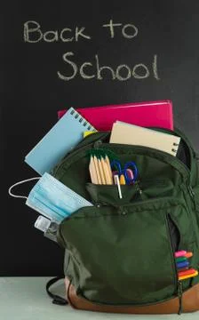 Backpack ready for the return to school. Covid-19 concept. Stock Photos