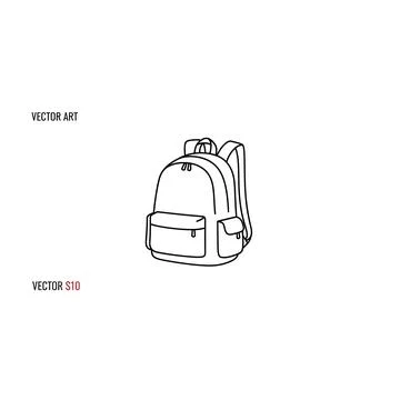 Backpack rucksack line art drawing isolated on white background Stock Illustration