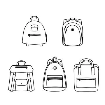 Backpack rucksack set. Doodle black and white simple vector illustration is.. Stock Illustration