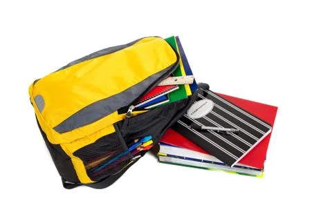 Backpack with school supplies on a white background Stock Photos