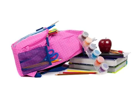 Backpack with school supplies on a white background Stock Photos