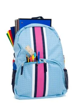 Backpack with school supplies on a white background Stock Photos