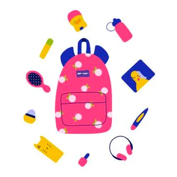 Backpack, schoolbag flat illustration. School supplies cartoon illustration. Stock Illustration
