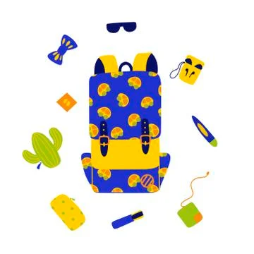 Backpack, schoolbag flat illustration. School supplies cartoon illustration. Stock Illustration