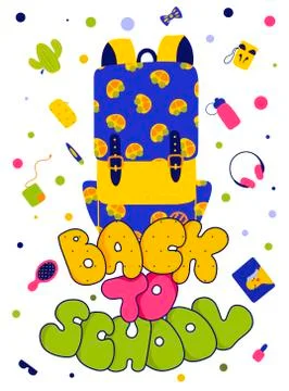 Backpack, schoolbag flat illustration. School supplies cartoon illustration. Stock Illustration