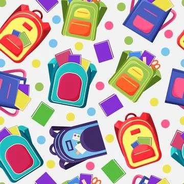 Backpack seamless pattern. Cute school bags with student stuff. Cartoon repea Stock Illustration