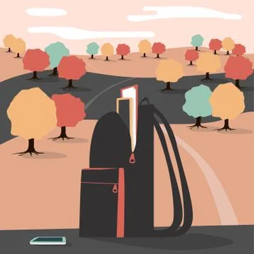 Backpack, smartphone on mountain landscape Stock Illustration