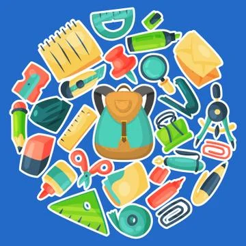 Backpack stationary round pattern. Kids school backpack with education equipment 库存插图
